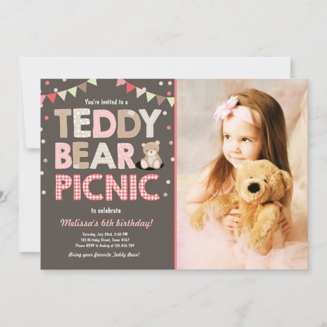Invitation Teddy Bear Pique-nique Fille anniversaire Invitati (Devant)