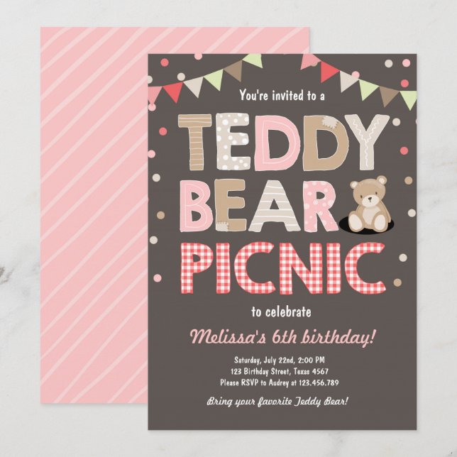 Invitation Teddy Bear Pique-nique Fille anniversaire Invitati (Devant / Derrière)