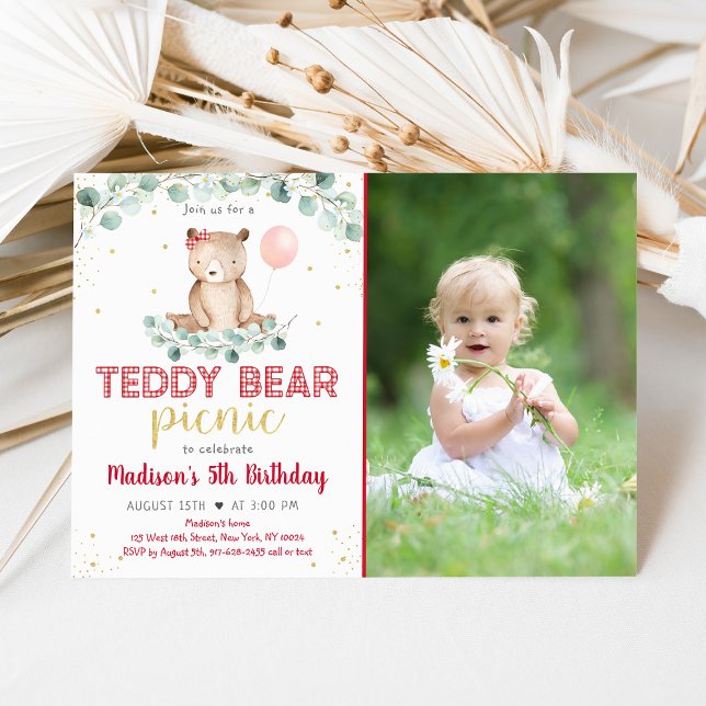 Invitation Teddy Bear Pique-nique Floral Anniversaire (Créateur téléchargé)
