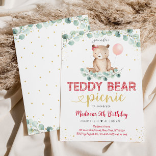 Invitation Teddy Bear Pique-nique Green Girl Anniversaire