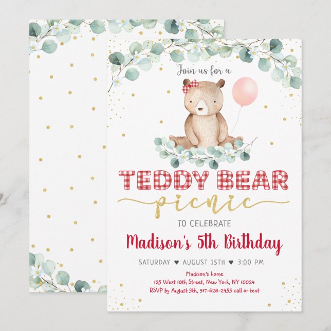 Invitation Teddy Bear Pique-nique Red Gold Green Anniversaire (Devant / Derrière)