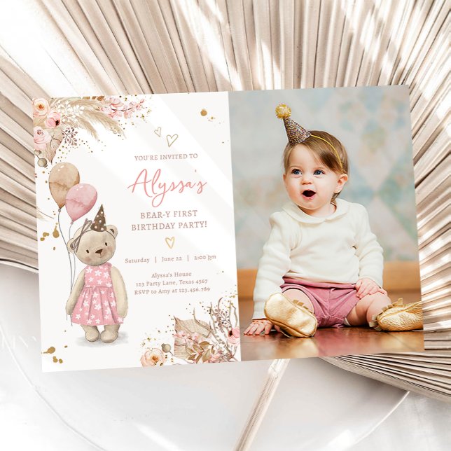 Invitation Teddy Bear Pique-nique Rose Girl Premier anniversa (Créateur téléchargé)