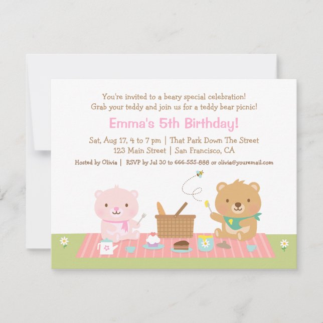 Invitation Teddy Bear Pique-nique Tea Party Anniversaire Invi (Devant)