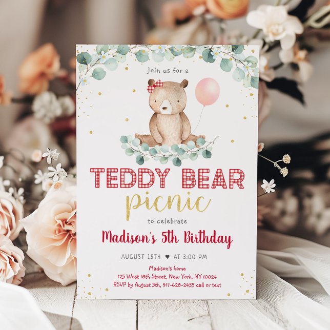 Invitation Teddy Bear Pique-nique Verdure Floral Anniversaire (Créateur téléchargé)