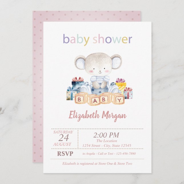 Invitation Teddy Bear présente le Baby shower des points (Devant / Derrière)