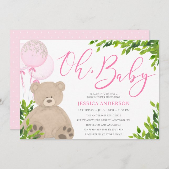 Invitation Teddy Bear rose Balloon vert Baby shower fille (Devant / Derrière)