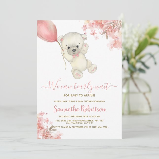Invitation Teddy Bear rose Floral Balloon Baby shower fille (Debout devant)