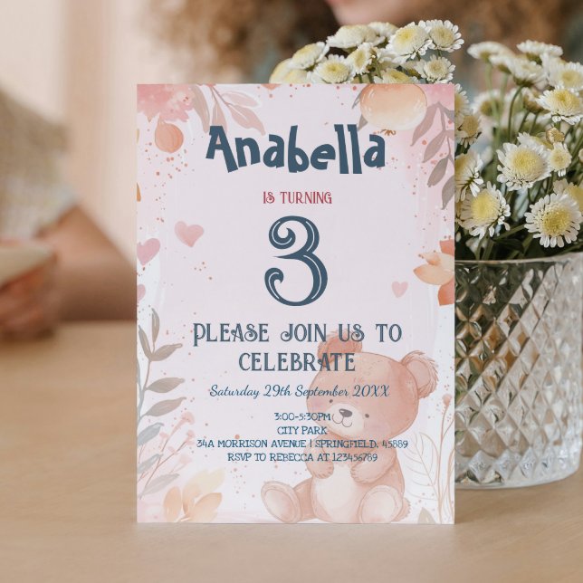 Invitation Teddy Bear Rose Girl Anniversaire (Créateur téléchargé)