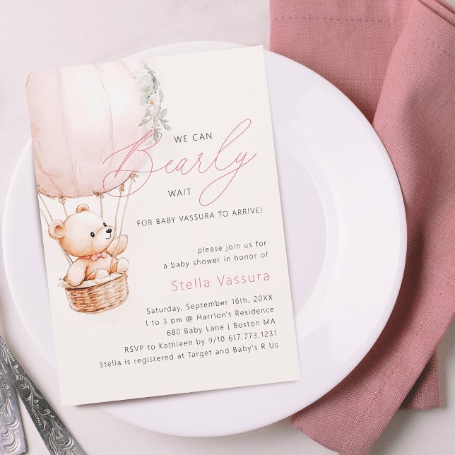 Invitation Teddy Bear Rose Hot Air Balloon Baby shower fille (Teddy Bear Pink Hot Air Balloon Girl Baby Shower Invitation)