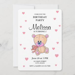 Invitation Teddy Bear Rose Little Girl Anniversaire