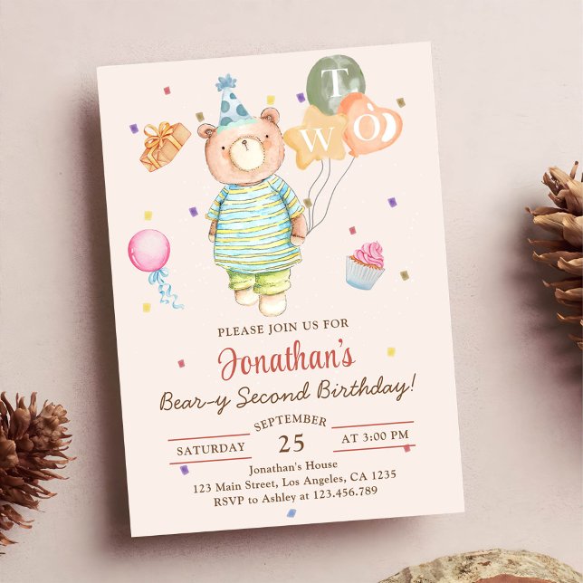 Invitation Teddy Bear Sage Green Beary Deuxième anniversaire (Créateur téléchargé)