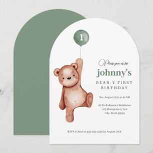 Invitation Teddy Bear Sage Green Première fête d'anniversaire