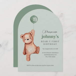 Invitation Teddy Bear Sage Green Première fête d'anniversaire