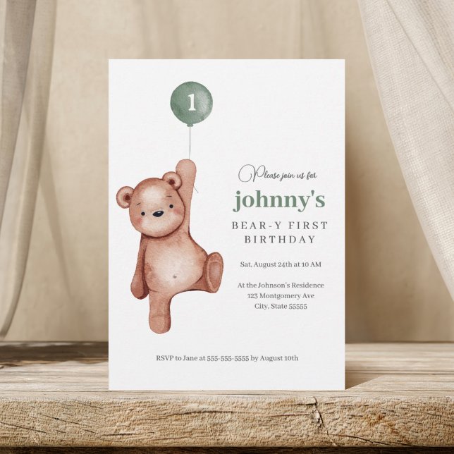 Invitation Teddy Bear Sage Green Première fête d'anniversaire (Créateur téléchargé)