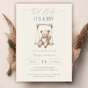 Invitation Teddy Bear Script Boho Baby shower Garçon