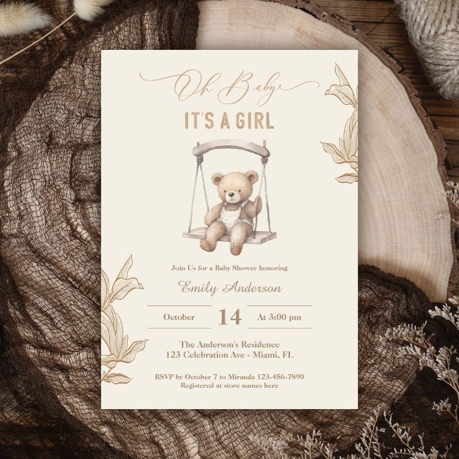 Invitation Teddy Bear Script Boho Baby shower Girl (Créateur téléchargé)