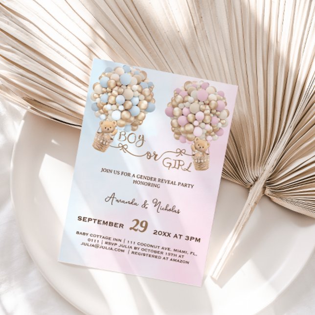 Invitation Teddy Bear Soft Rose & Ballons Bleus Révélation de (Créateur téléchargé)