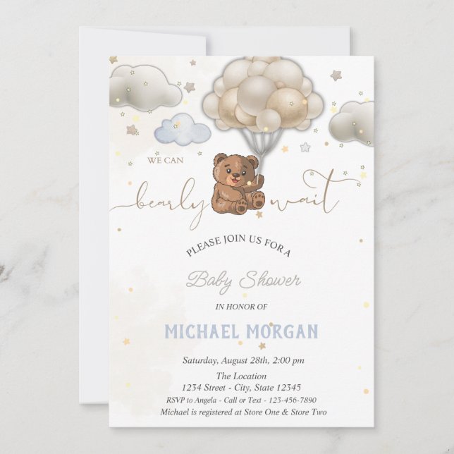 Invitation Teddy Bear Stars Ballons Nuages Baby shower (Devant)
