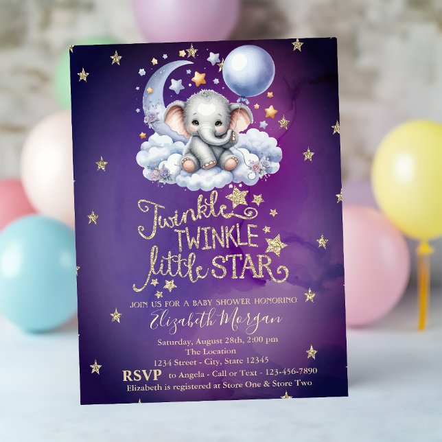 Invitation Teddy Bear Stars Lune Nuages Violet Baby shower (Créateur téléchargé)