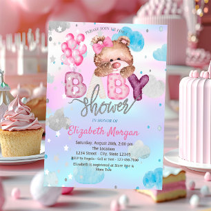 Invitation Teddy Bear Stars Nuages Baby shower holographique