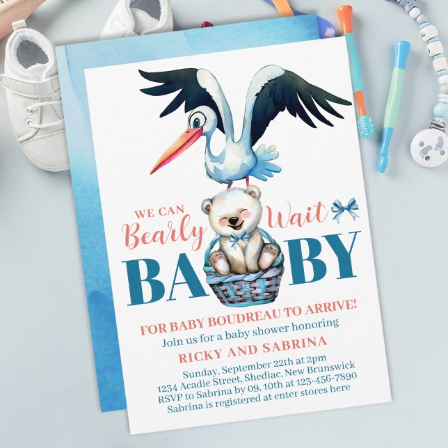 Invitation Teddy Bear Stork Bearly There Baby shower bleu (Créateur téléchargé)