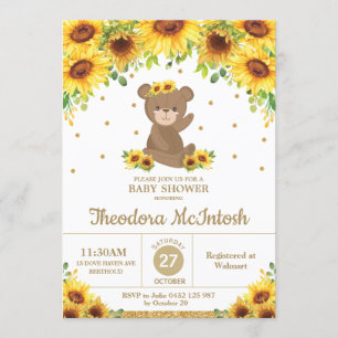 Invitation Teddy Bear Sunflower Floral Baby shower Girl