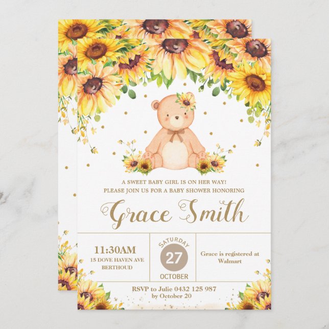 Invitation Teddy Bear Sunflower Floral Baby shower Girl Invi (Devant / Derrière)