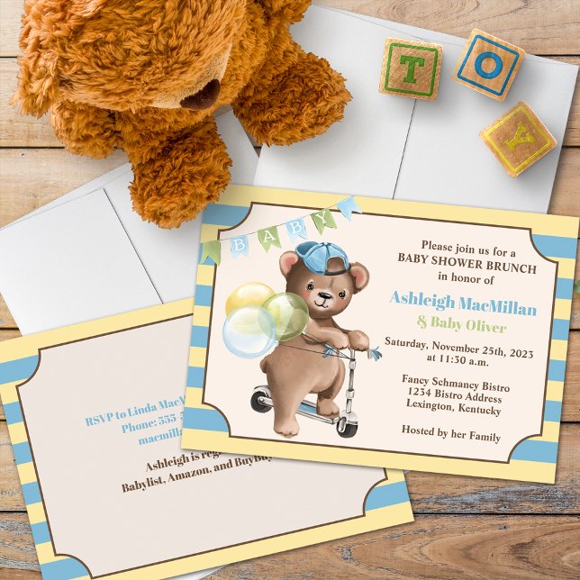 Invitation Teddy Bear sur Scooter, Baby shower rayé (Créateur téléchargé)