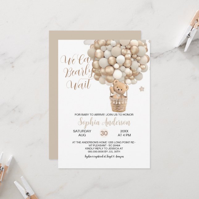 Invitation Teddy Bear Tan Balloons Sexe Baby shower neutre (Devant/Arrière en situation)