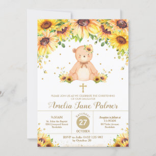 Invitation Teddy Bear Tournesol Floral Christening Baptême