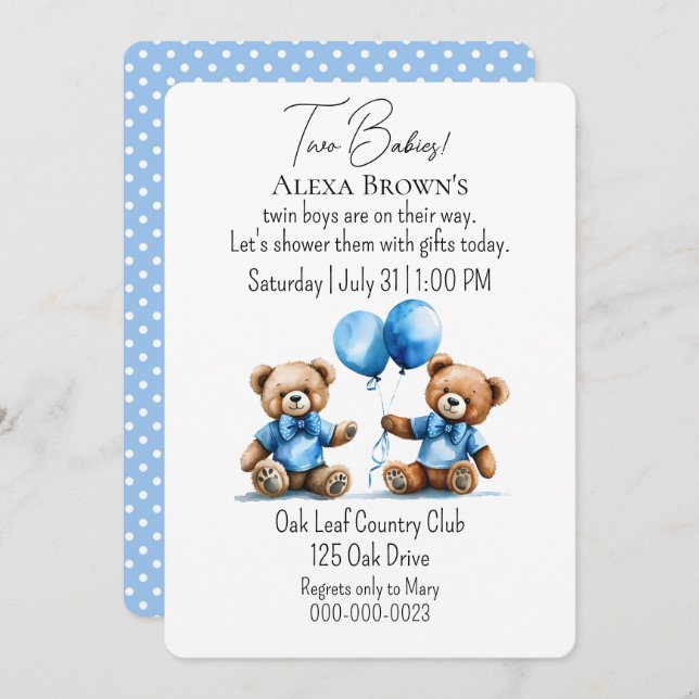 Invitation Teddy Bear Twin Baby Boy Douche (Devant / Derrière)