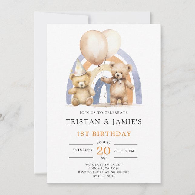Invitation Teddy Bear Twins 1er Anniversaire (Devant)
