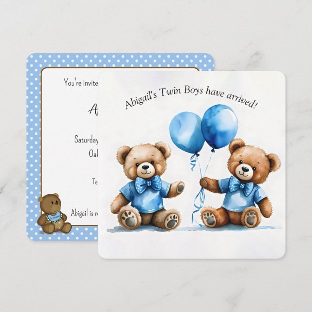 Invitation Teddy Bear Twins Baby Boy Douche (Devant / Derrière)