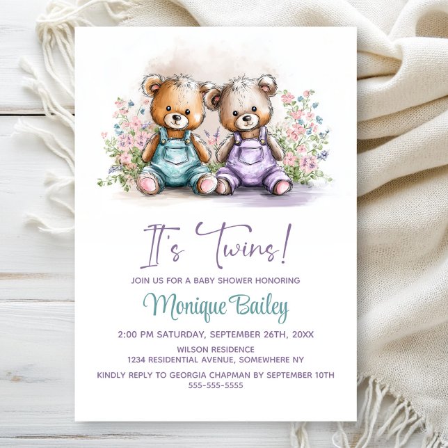Invitation Teddy Bear Twins Baby Shower (Créateur téléchargé)