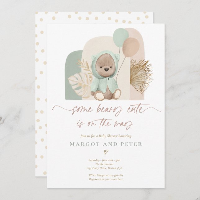 Invitation Teddy Bear Un Baby shower Boho De Beary Cute (Devant / Derrière)