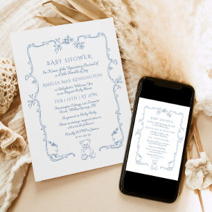 Invitation Teddy bear Vintage frame Baby shower en toile