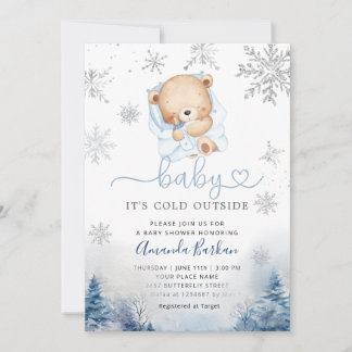 Invitation Teddy Bear Winter snowflakes Blue Boy Baby shower