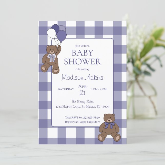 Invitation Teddy Bears Baby Girl Purple and White Baby Shower (Debout devant)