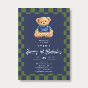 Invitation Teddy Beary 1er Anniversaire Damier Bleu Vert