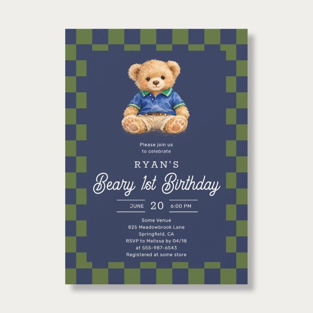 Invitation Teddy Beary 1er Anniversaire Damier Bleu Vert (Créateur téléchargé)