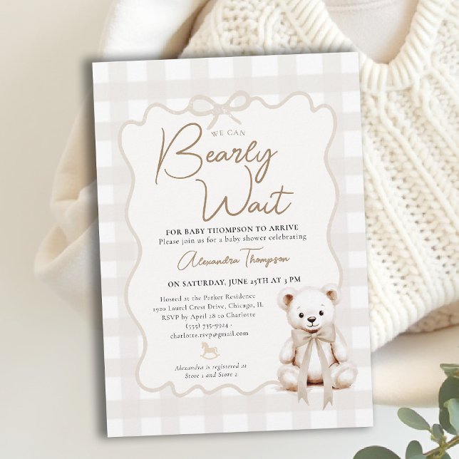 Invitation Teddy Bow Neutral Gingham Bearly Wait Baby Shower (bearly wait baby shower invitation traditional classic nursery neutral gingham teddy bear bow)