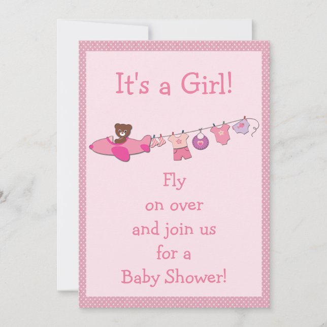 Invitation Teddy dans l'avion et le Baby shower de la fille r (Devant)