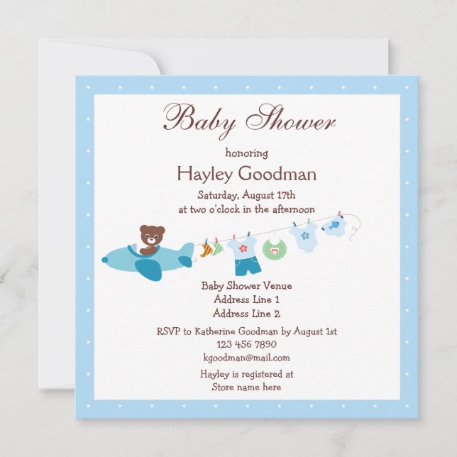 Invitation Teddy dans le Baby shower bleu de l'avion et de la (Devant)