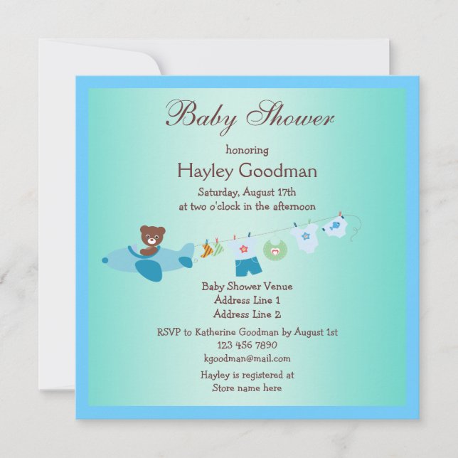 Invitation Teddy dans le Baby shower bleu de l'avion et de la (Devant)