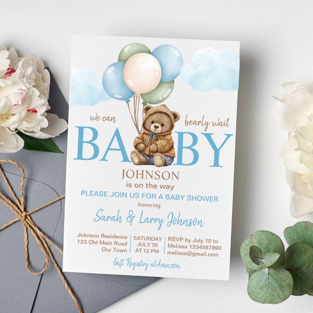 Invitation Teddy ours baby shower bearly attend mignonette te (Teddy bear baby shower invitation template bearly wait bear with balloons clouds instant download)