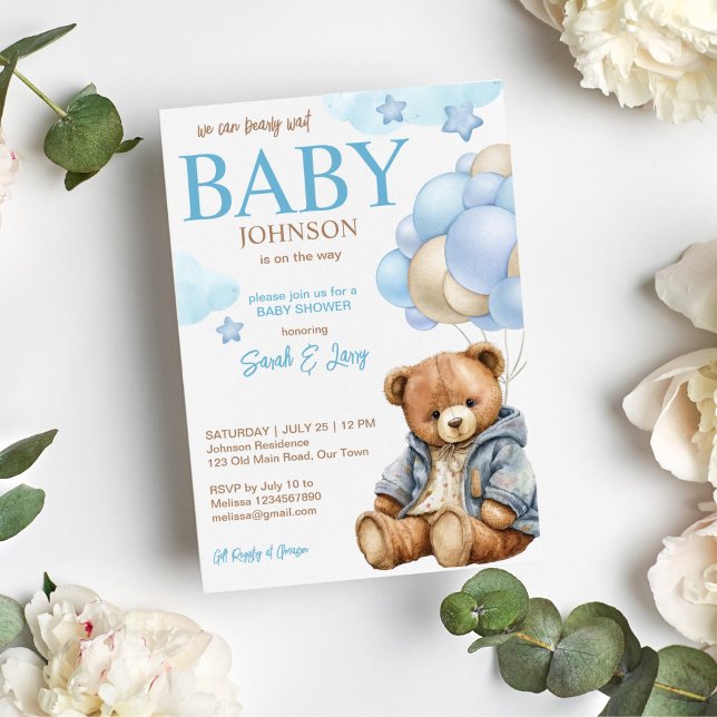 Invitation Teddy ours baby shower bearly attend mignonette te (Teddy bear in a jacket with balloons baby shower invitation template instant download)