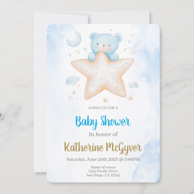 Invitation Teddy ours baby shower garçon (Devant)