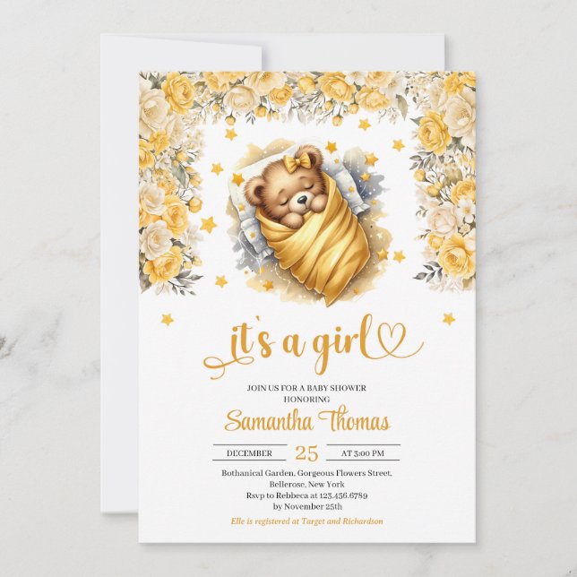 Invitation Teddy ours dormir jaune fleur fille baby shower (Devant)