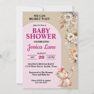Invitation Teddy Ours Joli Fleurs Rustiques Baby shower fille