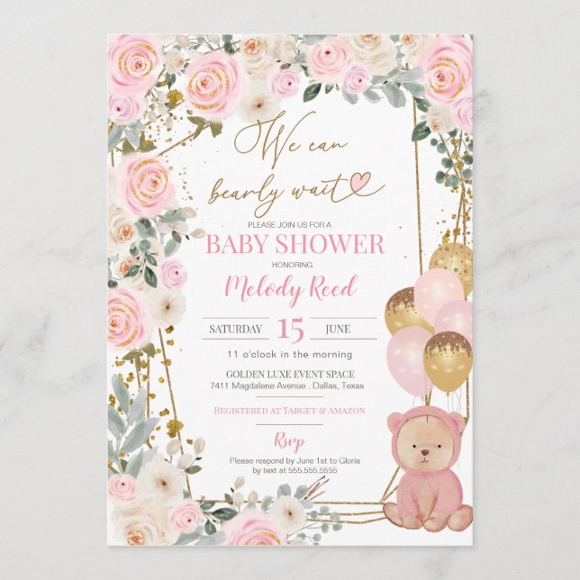 Invitation Teddy Ours rose Floral Balloons Fille Baby shower (Devant)